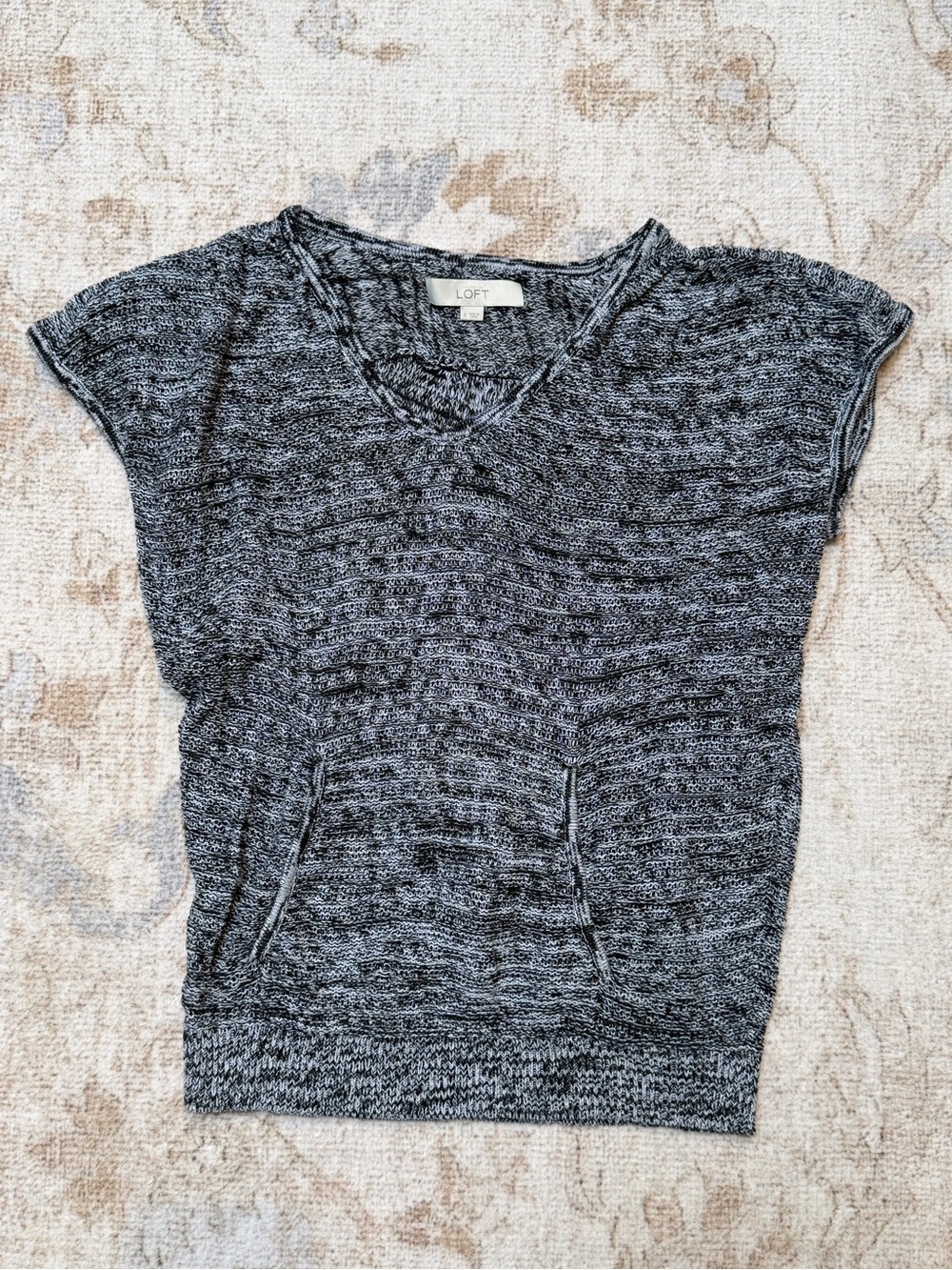 LOFT Black & White Marled V-Neck Tee with Front Pocket